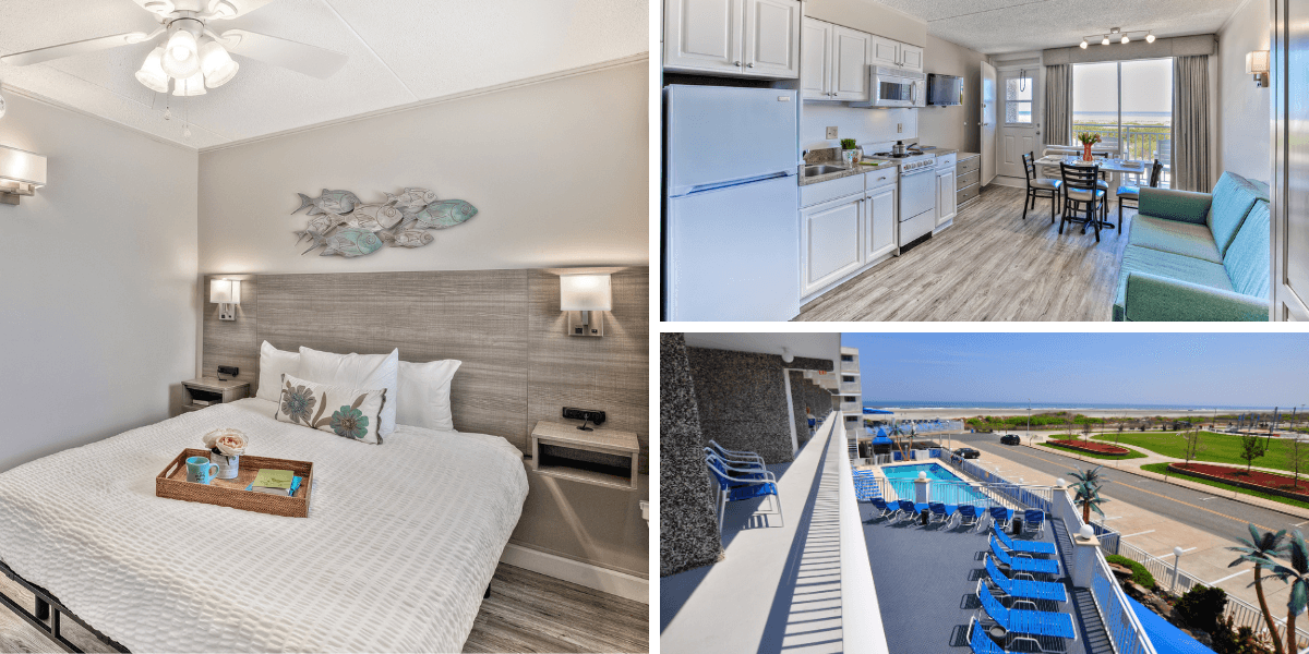 A collage featuring a cozy bedroom, a well-equipped kitchen and dining area, and a view of a poolside with lounge chairs and scenic surroundings.