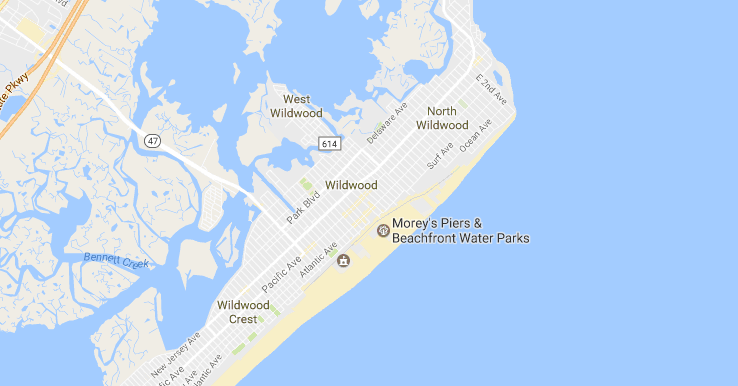 Map of Wildwood, New Jersey, highlighting its coastal area and nearby attractions.