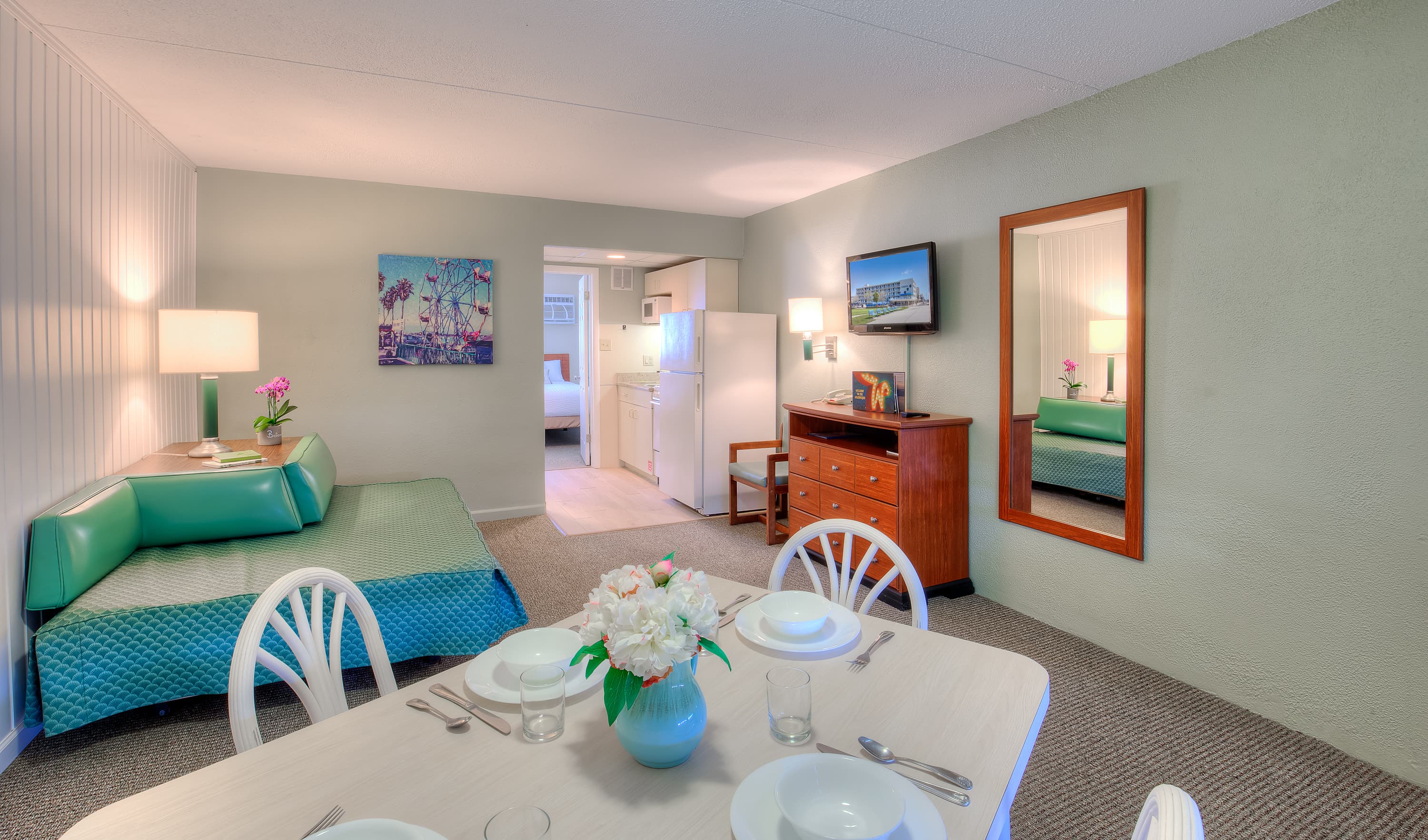 Living room features duo double bed